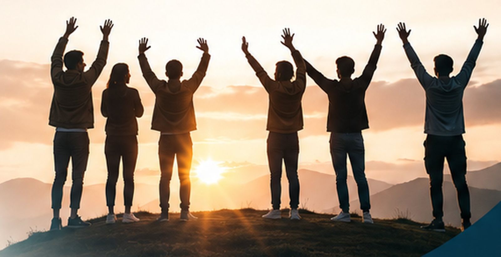 A group of friends on a hilltop raising their arms towards the rising sun